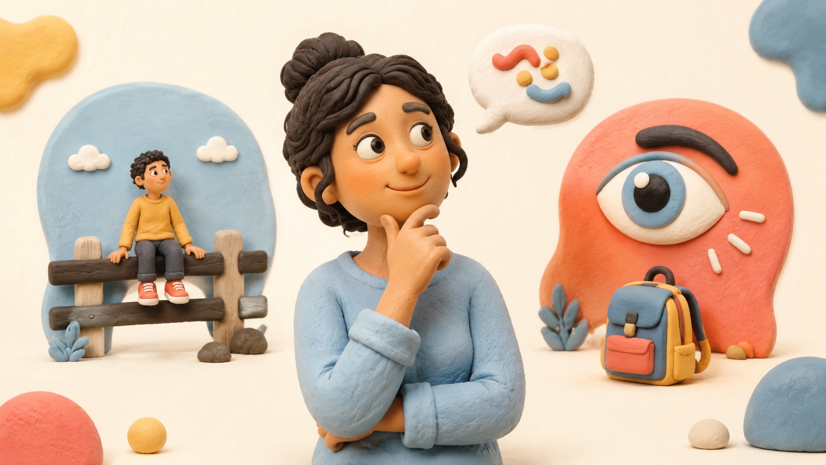 Clay-style illustration of an English learner thinking about idioms, with a boy sitting on a fence and a large eye representing 'keep an eye on'.