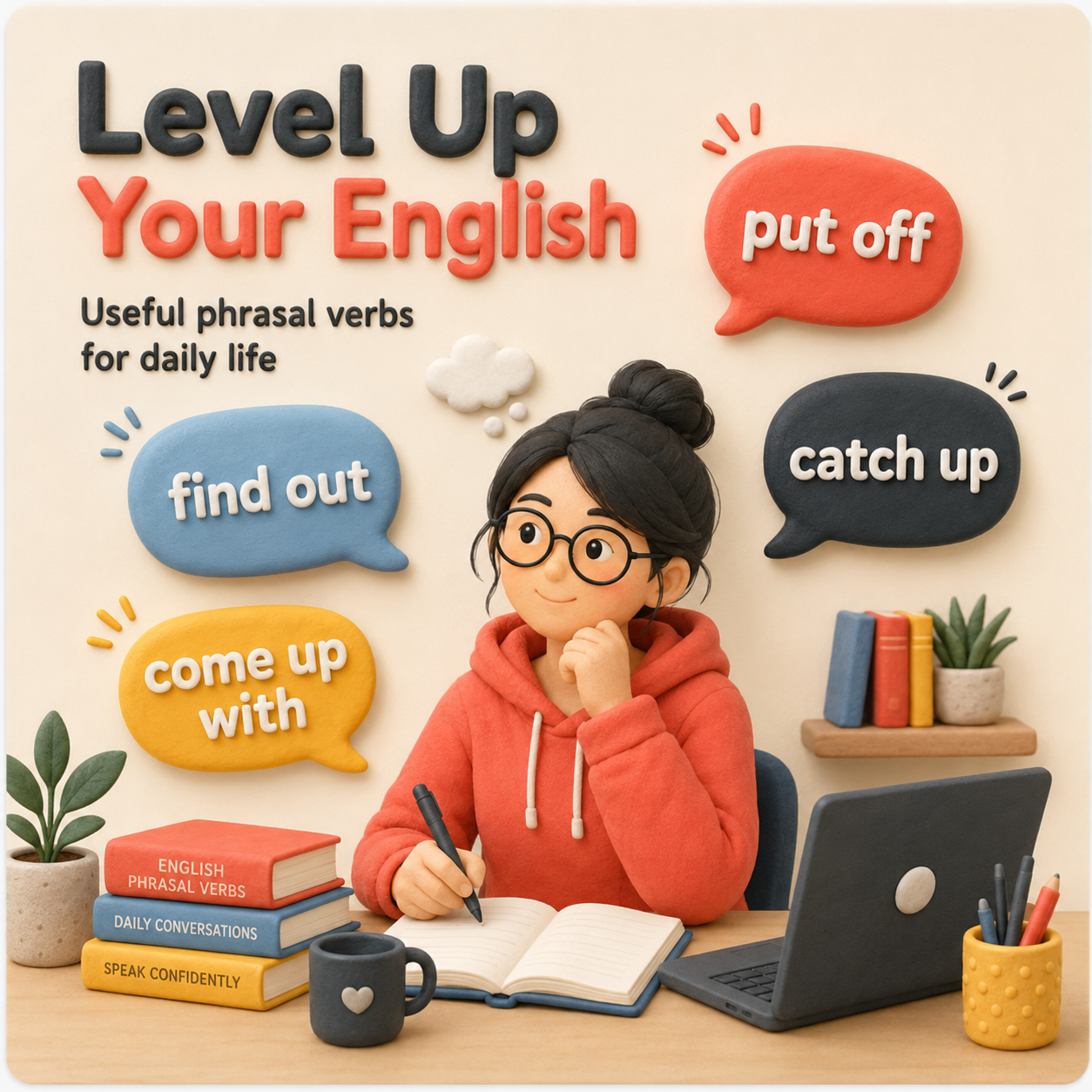 영어 구동사 put off, catch up, find out, come up with이 담긴 말풍선에 둘러싸인 영어 학습자 일러스트.
