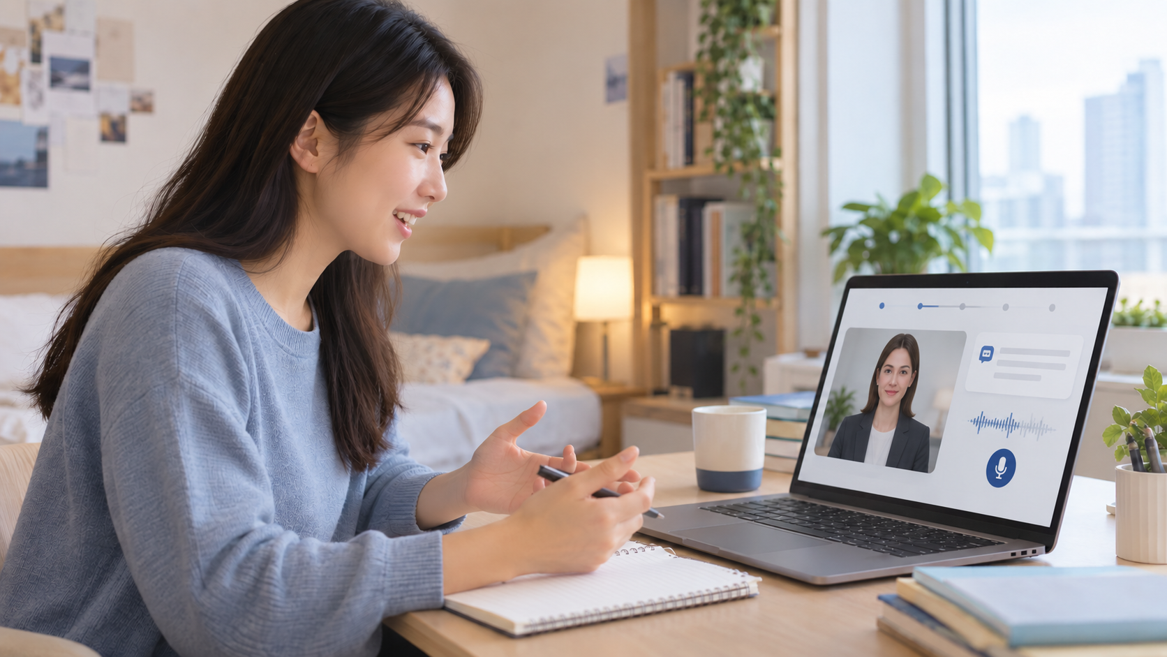 Online English student building confidence through conversation practice for OPIc