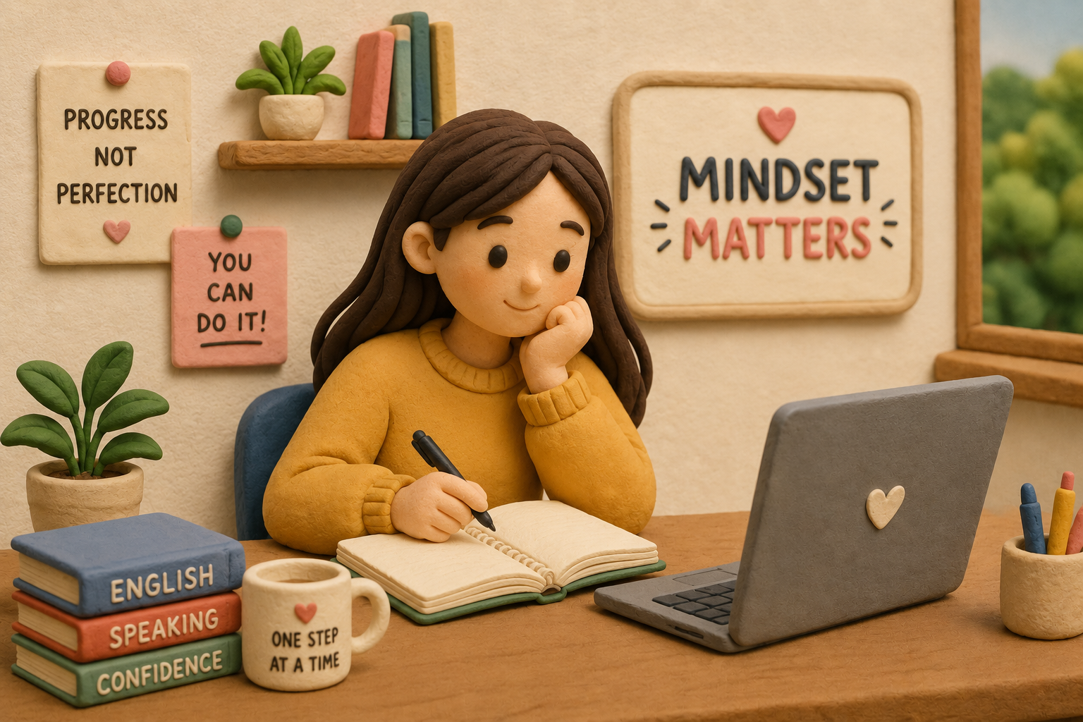Illustrated young woman in a yellow sweater journaling at her desk beneath a 'Mindset Matters' poster, with books titled English, Speaking, Confidence.
