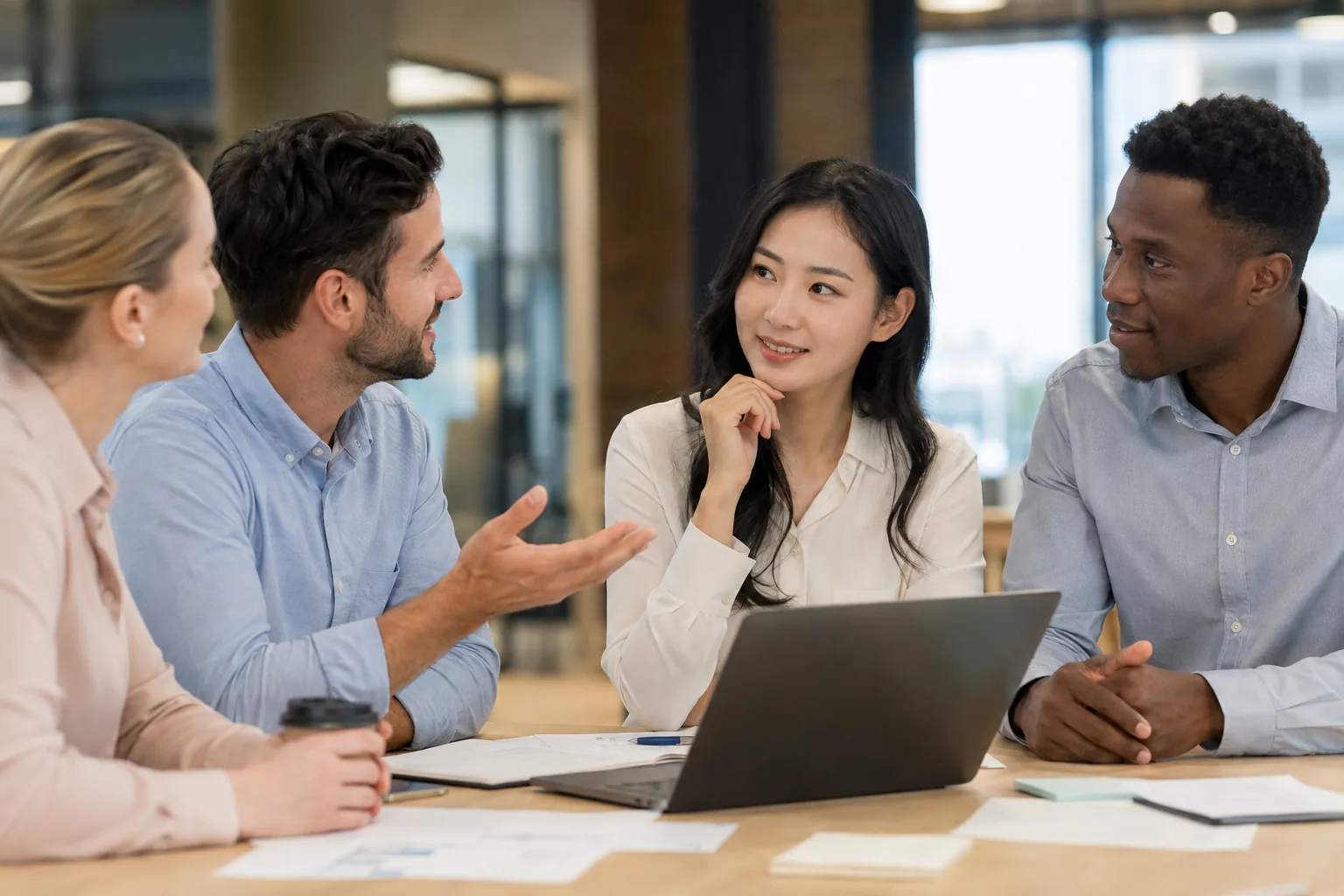 Korean professional talking with international coworkers in a Western workplace