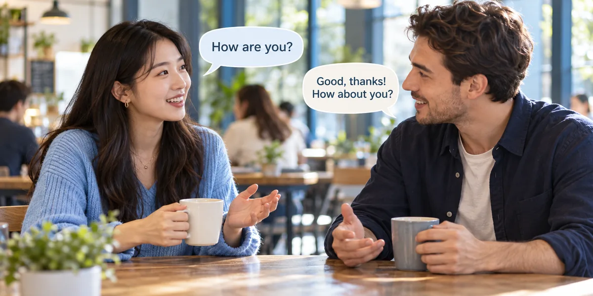 카페에서 커피를 마시며 "How are you?", "Good, thanks! How about you?"라고 영어로 대화하는 두 사람