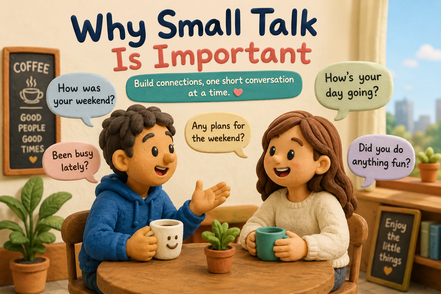 Two people chatting over coffee with small talk speech bubbles — How's your day? Any plans?