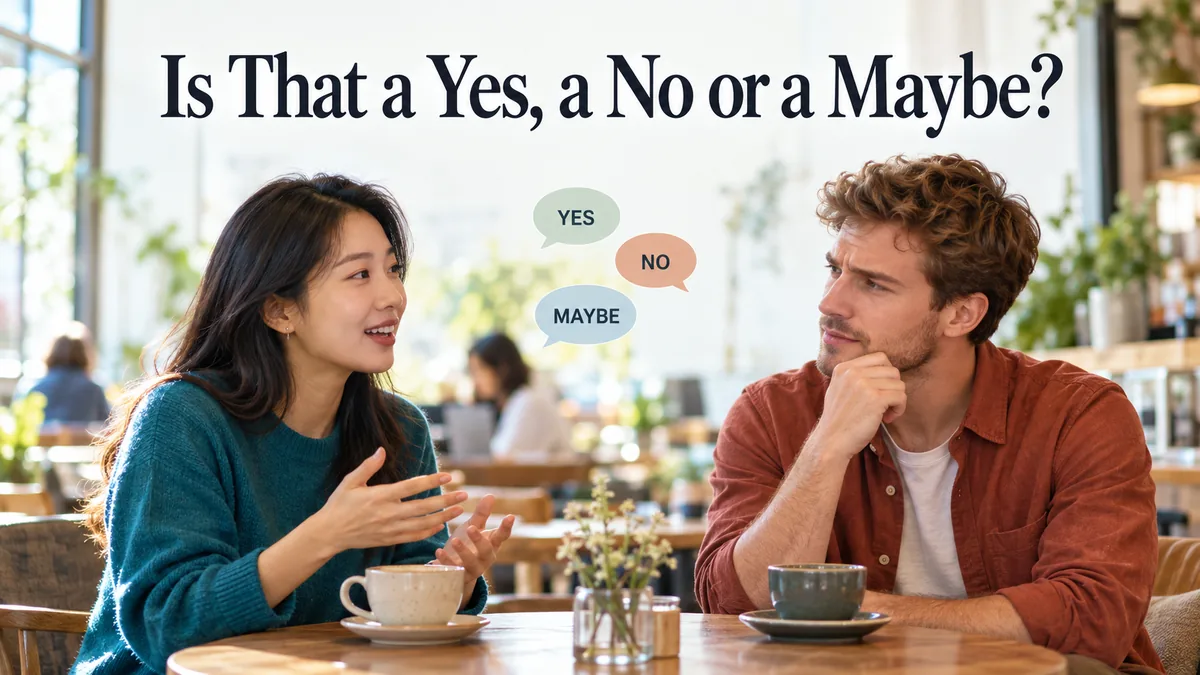 Two people talking at a café table with Yes, No and Maybe speech bubbles between them